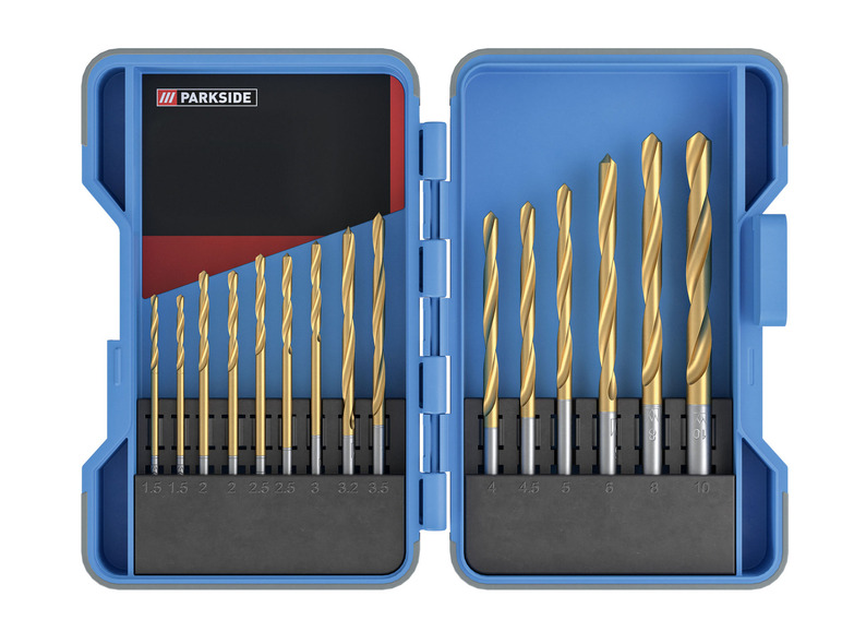 Een set Parkside boortjes in een blauwe koffer.