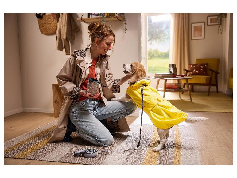 Vrouw in regenjas met hond in gele regenjas en snoepzakje.