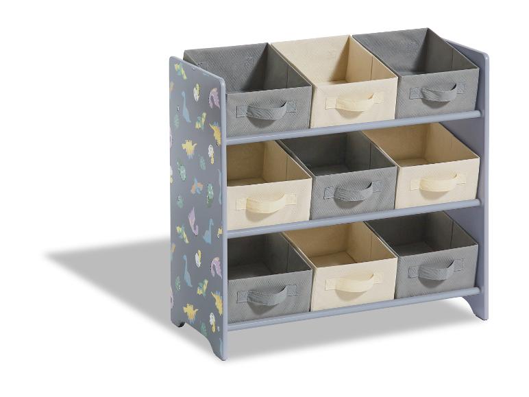 Grijze opbergkast met dinosaurussenprint en negen opbergbakken.