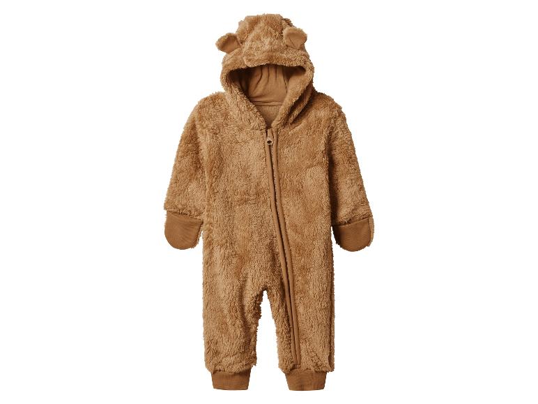 Bruine pluizige baby romper met capuchon en berenoren