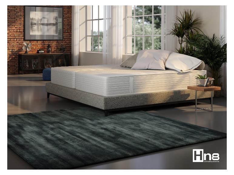 Chambre à coucher avec lit Hn8 Schlafsysteme, tapis vert foncé et mur de briques.