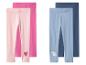 Deux ensembles de leggings pour enfants : roses avec cœur découpé et bleus avec licorne.