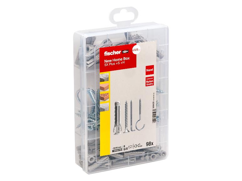 Een doos met Fischer SX Plus pluggen, schroeven en haken.