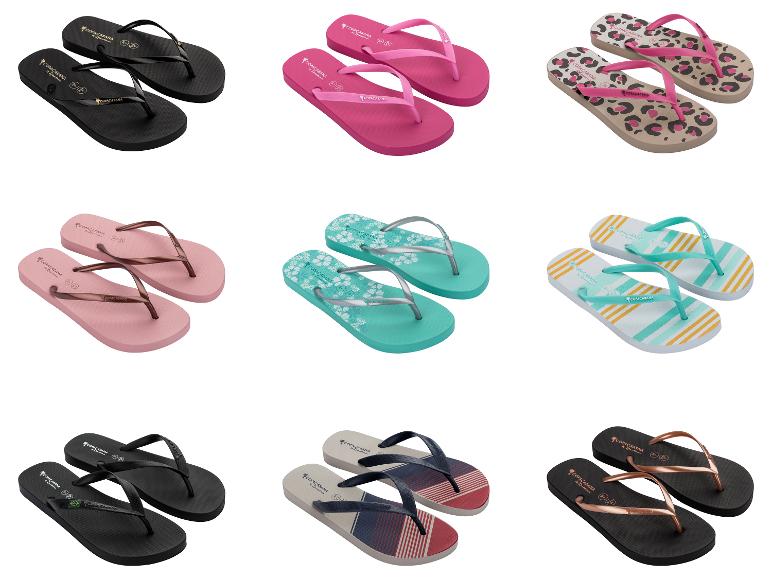 Neuf paires de tongs de différentes couleurs et motifs, dont noir, rose, léopard et rayé.