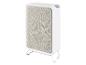 Purificateur d'air blanc avec façade en tissu et support.