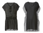Twee zwarte damestops met gouden en witte strepen.