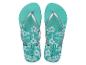 Une paire de tongs turquoise à motif floral et brides argentées, avec l'inscription « COPACABANA ».
