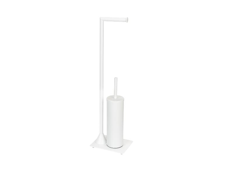 Porte-balai de toilette et porte-papier toilette blancs.
