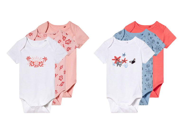 Baby rompertjes met zon, palmbomen en zeesterren.