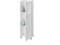Witte badkamerkast met open plank waarop toiletartikelen en decoratie staan.