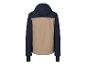 Une veste bicolore bleu marine et beige avec capuche, vue de dos.