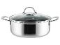 Casserole en acier inoxydable avec couvercle en verre transparent et poignée métallique.