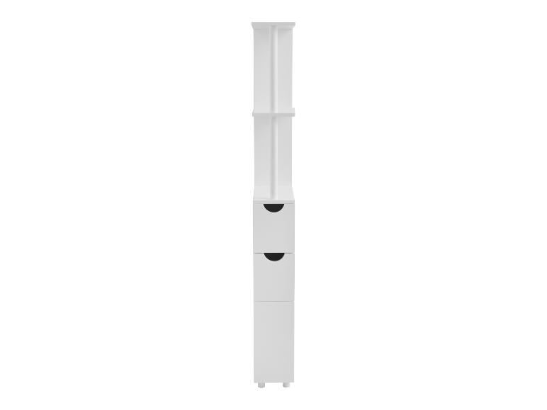 Hoge, smalle witte kast met open planken en twee gesloten lades.