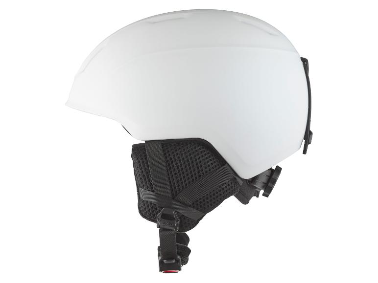 Een witte skihelm met zwarte band en net.
