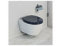 Een donkerblauwe toiletbril op een witte wandcloset.