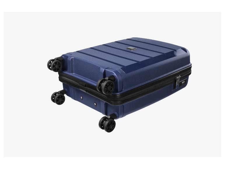 Blauwe hardshell koffer met vier wielen en een cijferslot