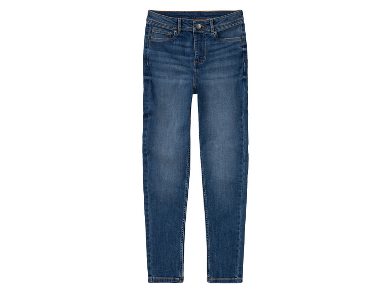 Een paar blauwe skinny jeans voor dames.