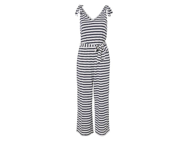 Blauw-wit gestreept jumpsuit, maritieme stijl.