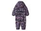 Combinaison enfant bleu foncé avec oiseaux roses et motifs.