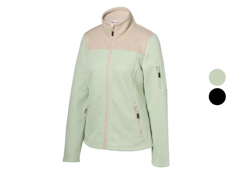 Dames fleecejack in mintgroen en beige met ritszakken.