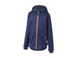Een blauwe softshell jas met capuchon en oranje details.