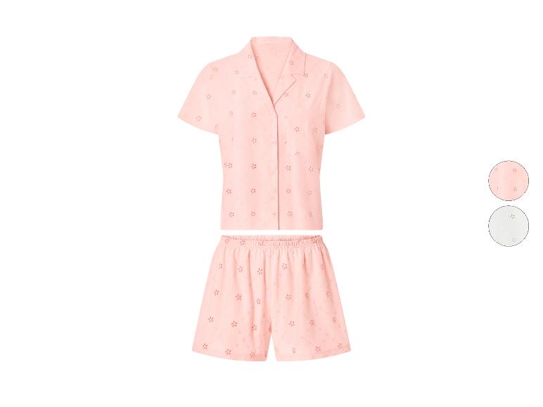 Pyjama deux pièces pour femme avec broderie florale, disponible en rose et blanc.