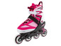 Roze inline skates met zwarte wielen en een wit frame.