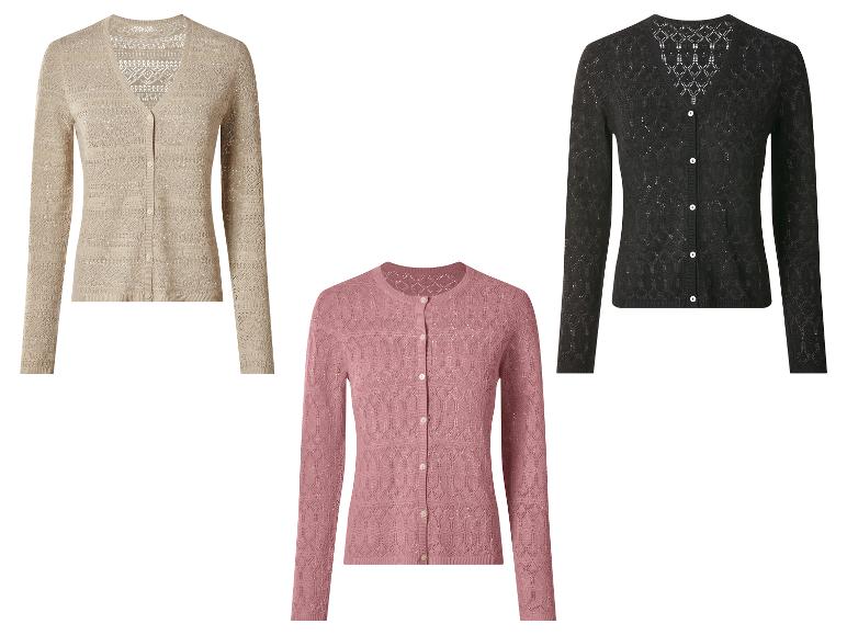 Trois cardigans ajourés à manches longues en beige, rose et noir.