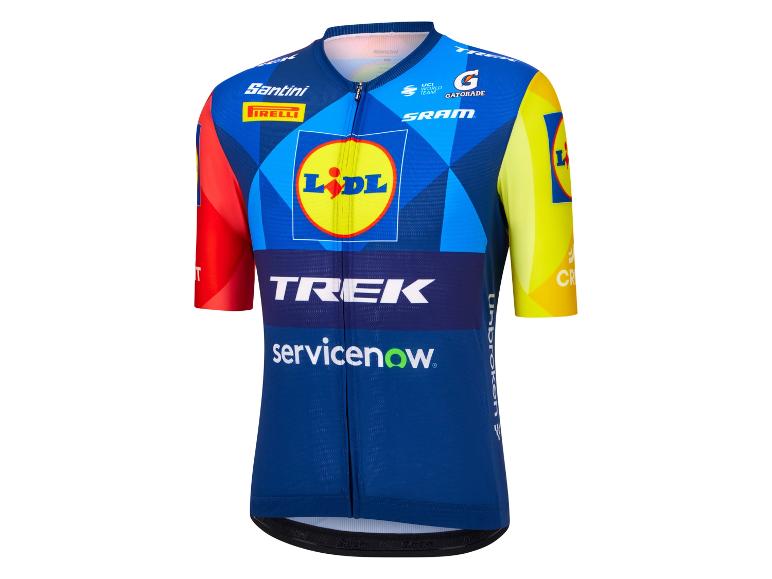 Maillot de cyclisme bleu et jaune avec motifs géométriques et logos.