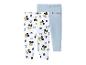 Twee paar babyleggings: één wit met Mickey Mouse-gezichten en blauwe stippen, één lichtblauw met 'Mickey'-tekst.