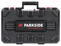 Boîte à outils noire de Parkside avec des accents rouges.