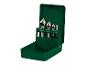 Set van 4 stalen conische boren, maten van 2 tot 20 mm, in een open groene doos.