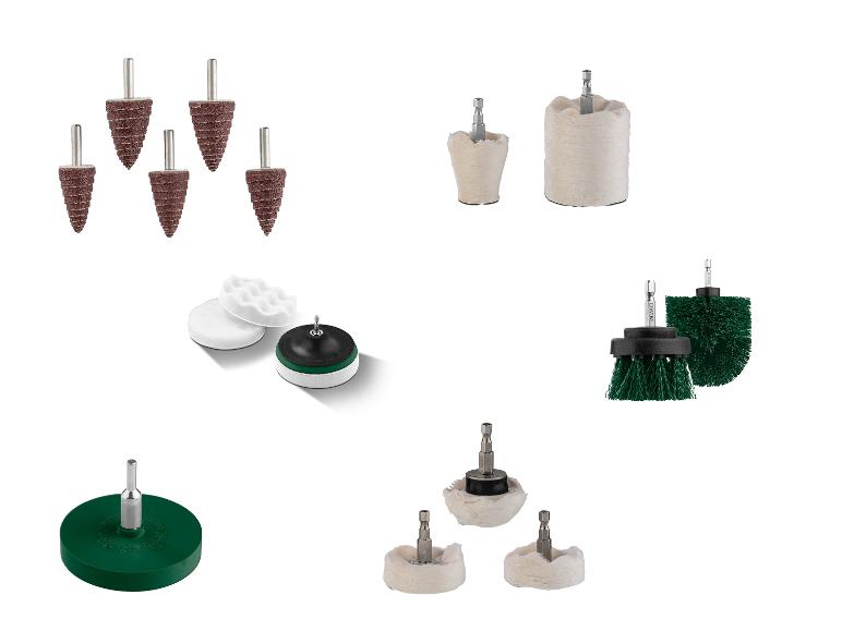 Schuurkoppen, schuursponsen, borstels en polijstpads voor een boormachine.
