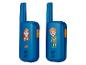 Twee blauwe speelgoed walkie-talkies met kinderillustraties