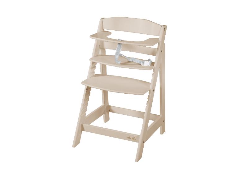 Chaise haute en bois beige avec harnais de sécurité et étagères réglables