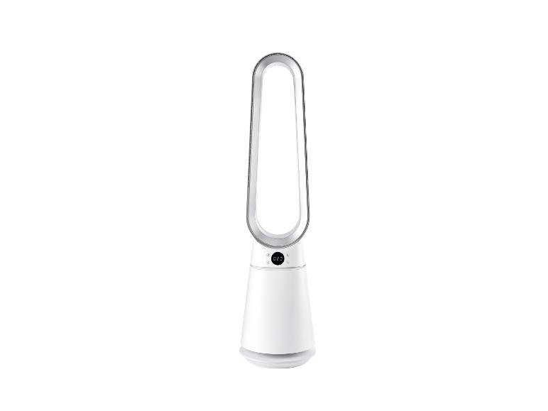 Witte torenventilator met digitaal display en bladeless ontwerp.