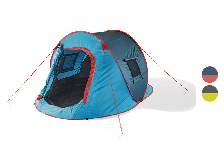 Een blauwe pop-up tent met rode accenten.