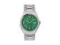 Een zilveren Auriol-horloge met een groene wijzerplaat.