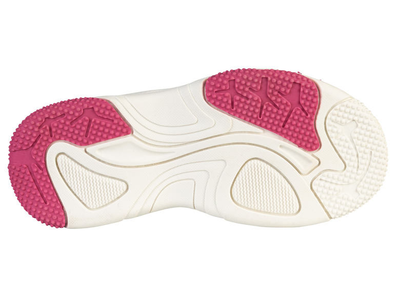 De zool van een witte sneaker met roze accenten.