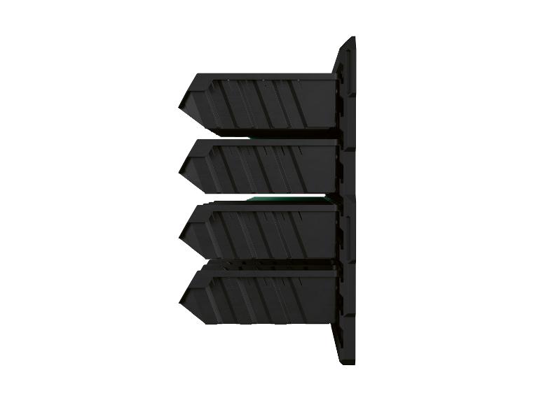 Zwarte modulaire organizer met vier uitschuifbare laden voor gereedschap of onderdelen.