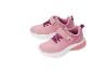 Chaussures de sport roses pour filles avec lacets violets et fermeture velcro.