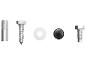 Diverse bevestigingsmiddelen: plug, houtschroef, ring, dop en bout.