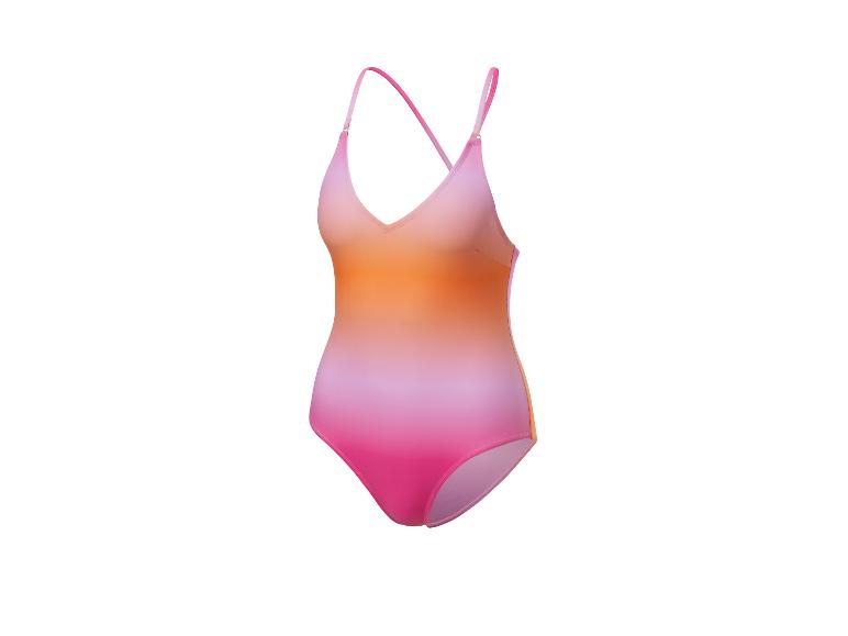 Eendelig badpak met oranje en roze ombre effect.
