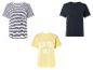 Drie t-shirts: gestreept, effen blauw en geel met de tekst 'Good Vibes Only'.