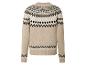 Pull beige avec un motif géométrique noir et blanc.