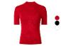 Haut côtelé rouge à manches courtes et col montant pour femme, avec options noir et blanc.