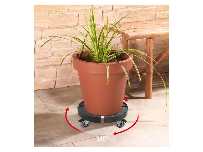 Plantpot op een zwarte verrijdbare onderzetter met 360-graden rotatiepijlen op een tegelvloer.