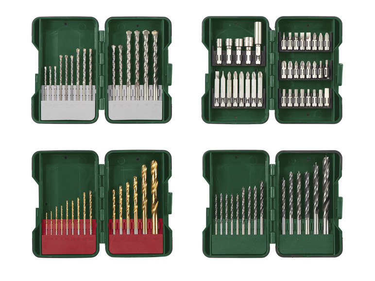 Assortiment boren en schroevendraaiers in groene opbergkoffers.