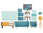 Een speelgoedmeubelset voor een poppenhuis, inclusief bank, fauteuil, tv en lampen.