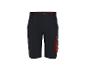 Donkere werkshorts met rode accenten en cargozakken.